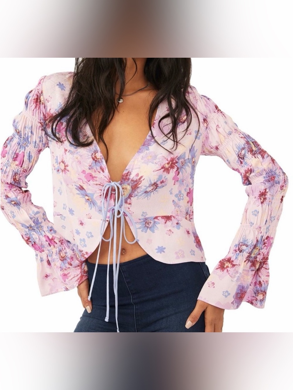 Free People Venice Tie Front Coquette Floral Printed Boho Fairycore Top size xs